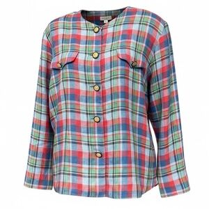 Vintage Oscar Multicolor Plaid Linen Jacket Blazer Size 40 Large Fit Preppy